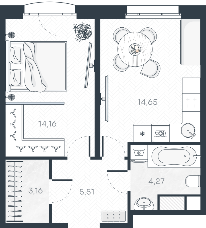1-комнатная квартира, 42.29 м² в ЖК "MONODOM-ART" - планировка, фото №1