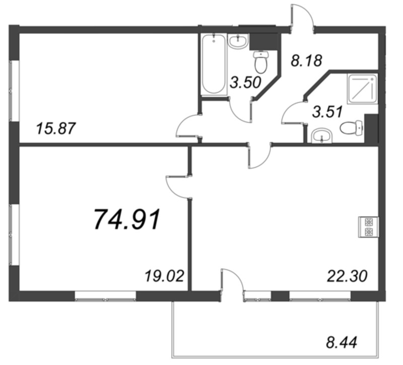 3-комнатная (Евро) квартира, 74.91 м² в ЖК "Bereg. Курортный" - планировка, фото №1