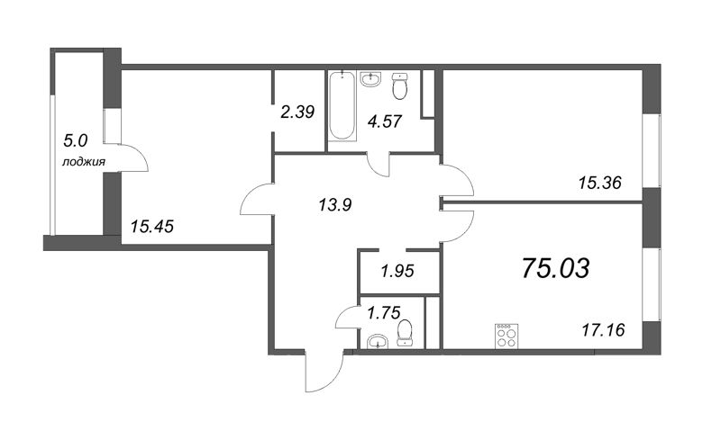 3-комнатная (Евро) квартира, 75.03 м² в ЖК "Modum" - планировка, фото №1