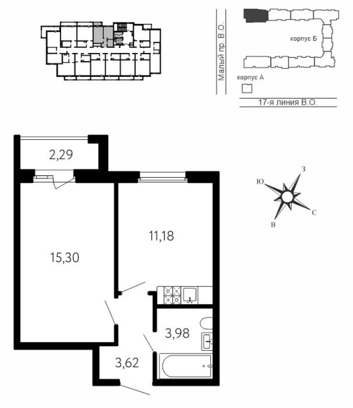 1-комнатная квартира, 34.77 м² в ЖК "17-я линия" - планировка, фото №1