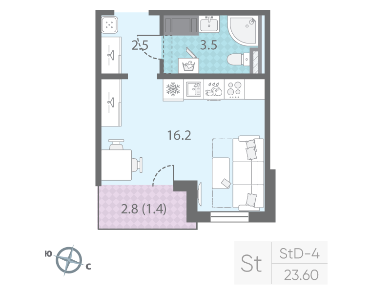 Квартира-студия, 23.6 м² в ЖК "Цветной город" - планировка, фото №1