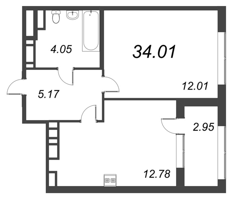 1-комнатная квартира, 34.01 м² - планировка, фото №1