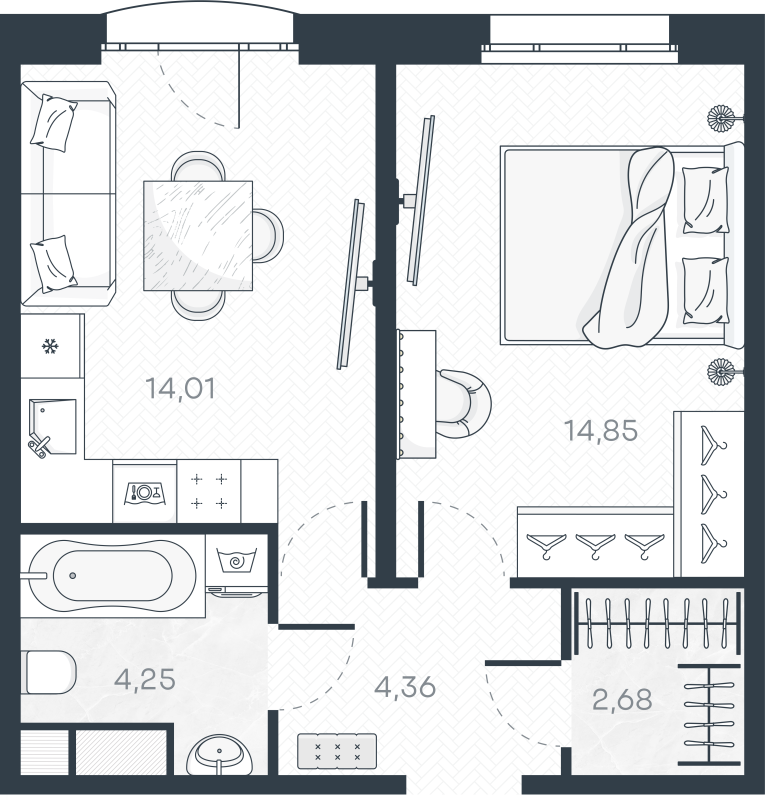 1-комнатная квартира, 40.69 м² в ЖК "MONODOM-ART" - планировка, фото №1