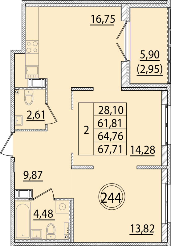 3-комнатная (Евро) квартира, 61.81 м² - планировка, фото №1