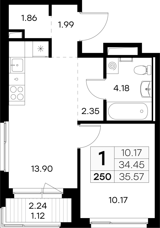 2-комнатная (Евро) квартира, 35.57 м² в ЖК "GloraX Новоселье" - планировка, фото №1