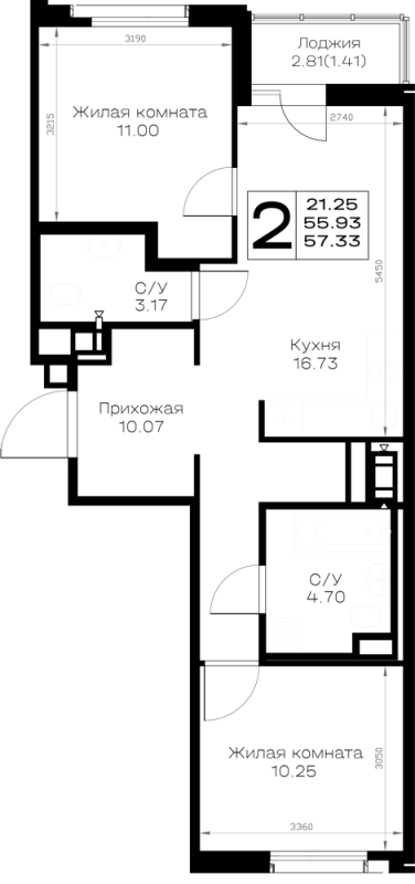 3-комнатная (Евро) квартира, 57.33 м² в ЖК "Борский" - планировка, фото №1