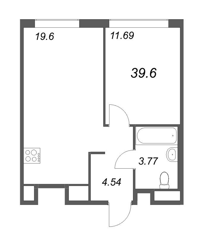 2-комнатная (Евро) квартира, 39.6 м² - планировка, фото №1