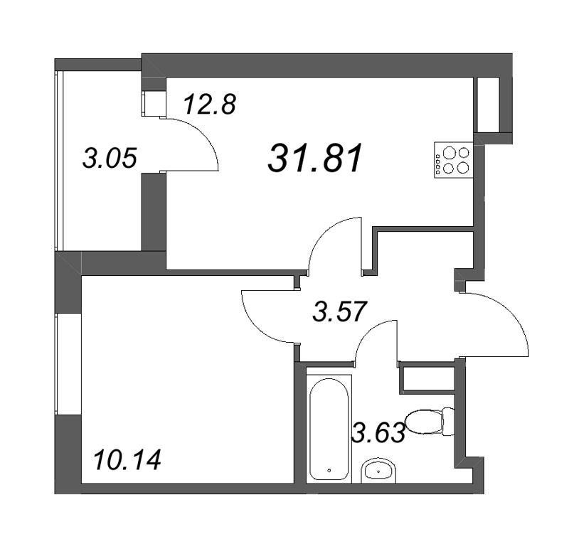 1-комнатная квартира, 31.81 м² - планировка, фото №1