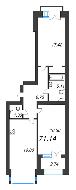 2-комнатная квартира, 71.14 м² - планировка, фото №1