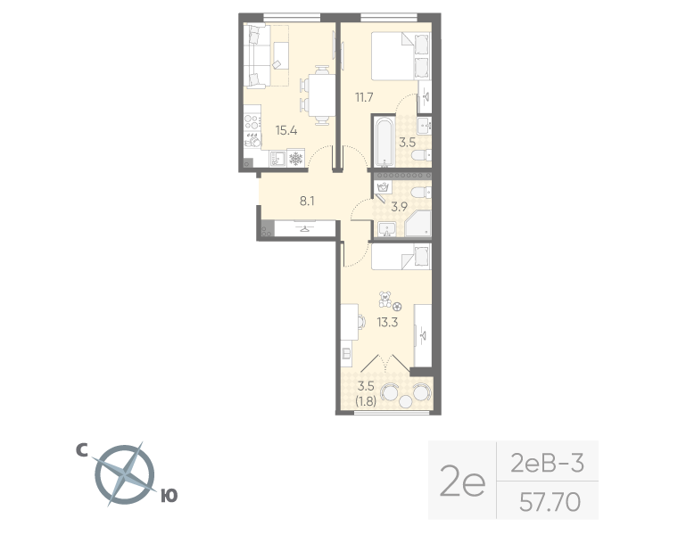 3-комнатная (Евро) квартира, 57.7 м² в ЖК "Пулково Lake" - планировка, фото №1