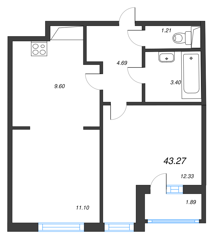 2-комнатная (Евро) квартира, 43.27 м² - планировка, фото №1