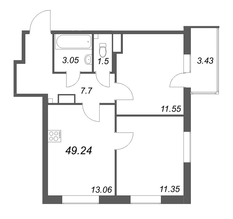 2-комнатная квартира, 49.24 м² в ЖК "Аквилон Янино" - планировка, фото №1