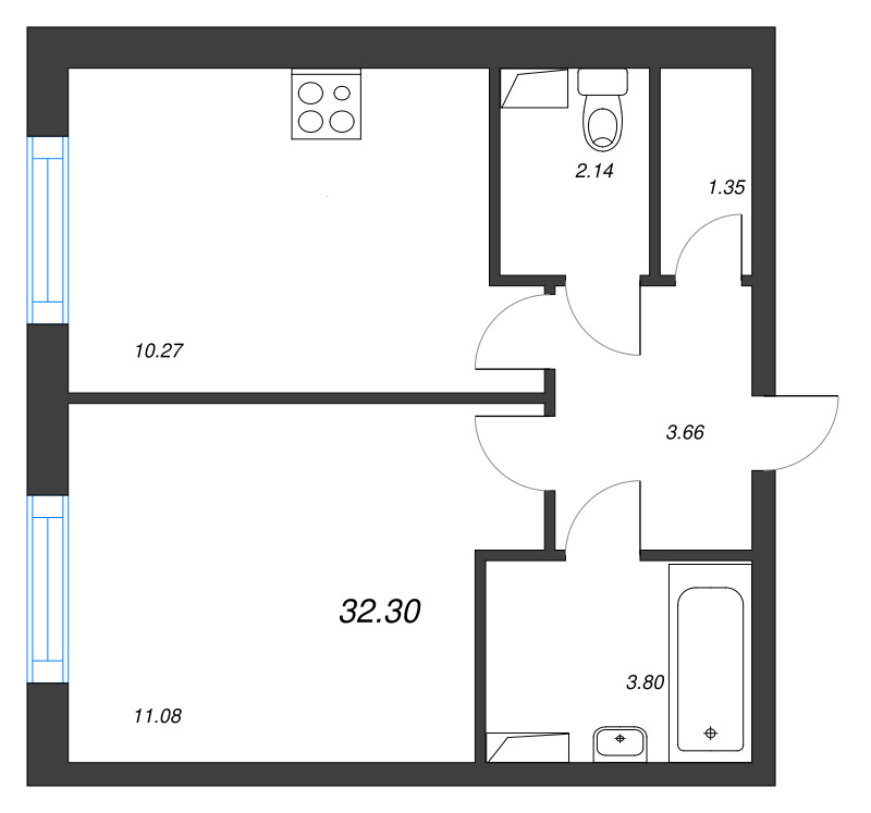 1-комнатная квартира, 32.3 м² - планировка, фото №1