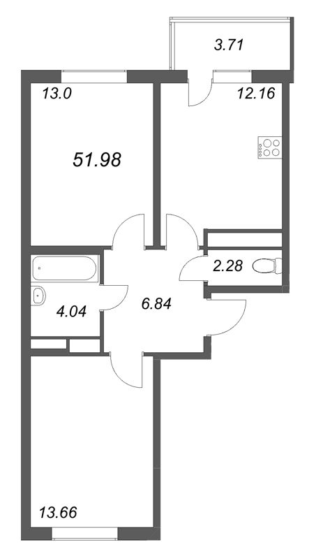 2-комнатная квартира, 51.98 м² в ЖК "ЮгТаун" - планировка, фото №1