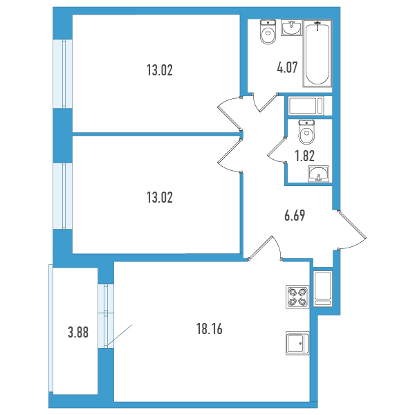 3-комнатная (Евро) квартира, 58.72 м² в ЖК "Искра-Сити" - планировка, фото №1