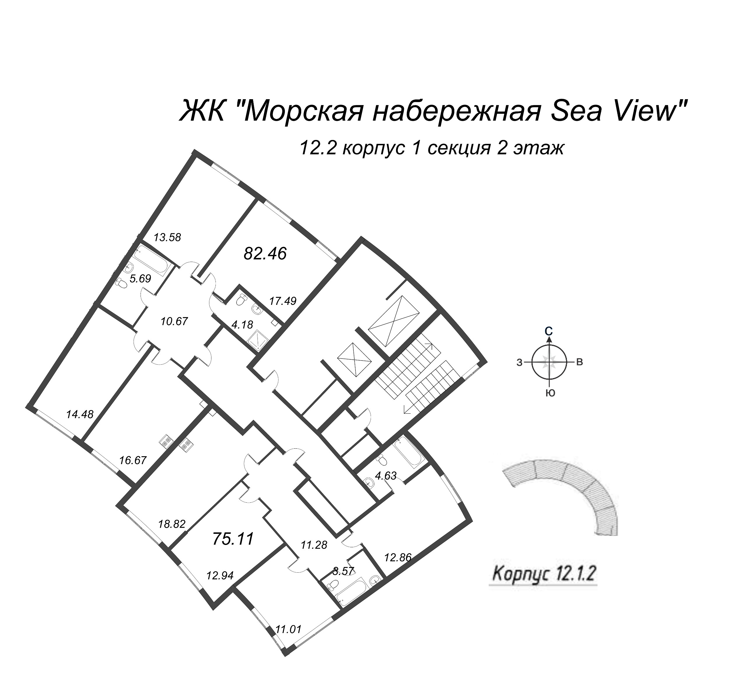 4-комнатная (Евро) квартира, 75.11 м² в ЖК "Морская набережная. SeaView" - планировка этажа