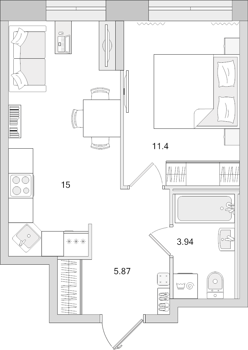 2-комнатная (Евро) квартира, 36.21 м² - планировка, фото №1