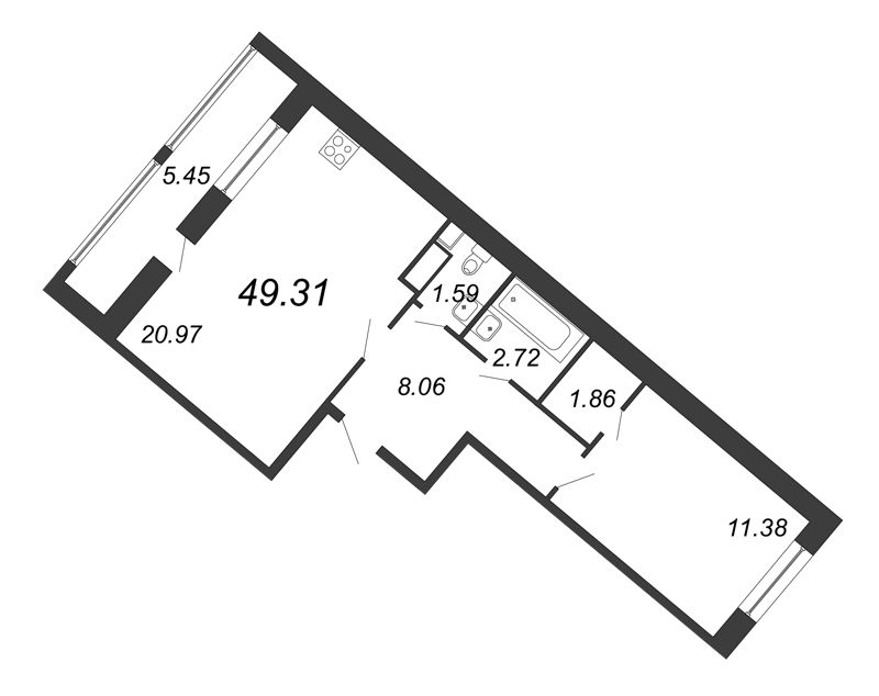 2-комнатная (Евро) квартира, 49.31 м² в ЖК "Modum" - планировка, фото №1