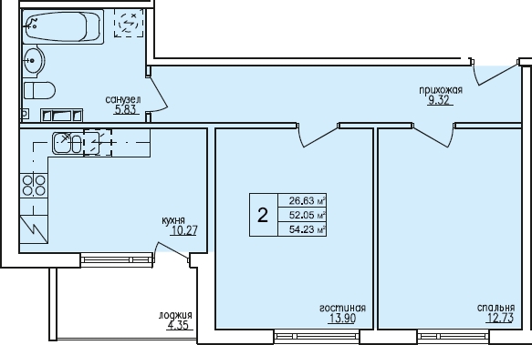 2-комнатная квартира, 52.56 м² - планировка, фото №1