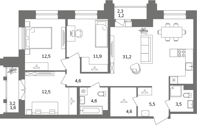 4-комнатная (Евро) квартира, 93.7 м² в ЖК "Антверпен" - планировка, фото №1