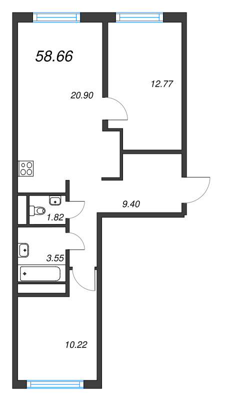 3-комнатная (Евро) квартира, 58.66 м² - планировка, фото №1