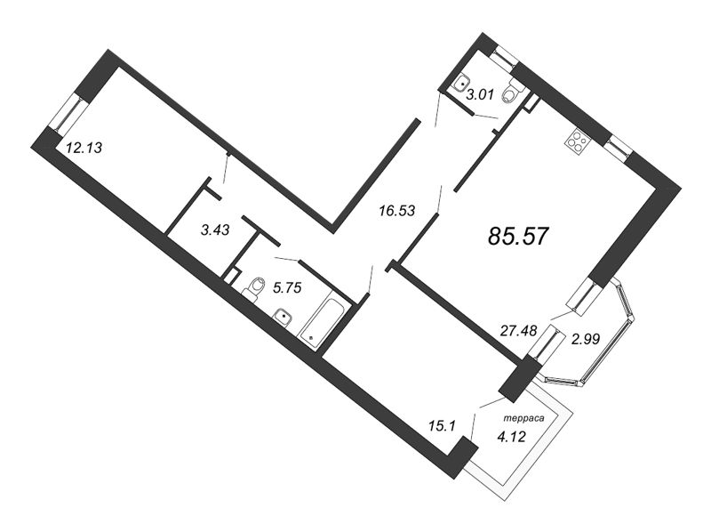 3-комнатная (Евро) квартира, 85.57 м² - планировка, фото №1