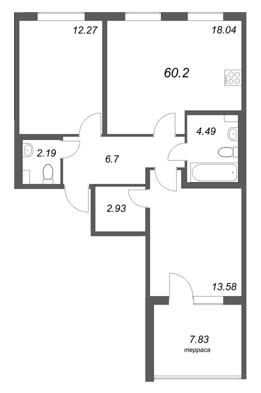 3-комнатная (Евро) квартира, 60.2 м² в ЖК "Любоград" - планировка, фото №1