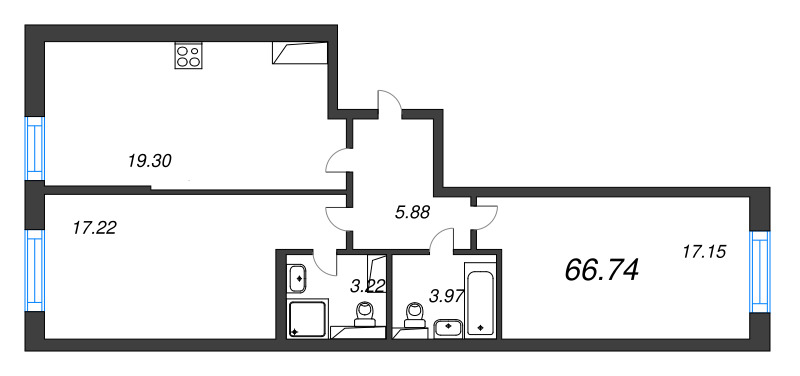 3-комнатная (Евро) квартира, 66.74 м² в ЖК "Цивилизация на неве" - планировка, фото №1