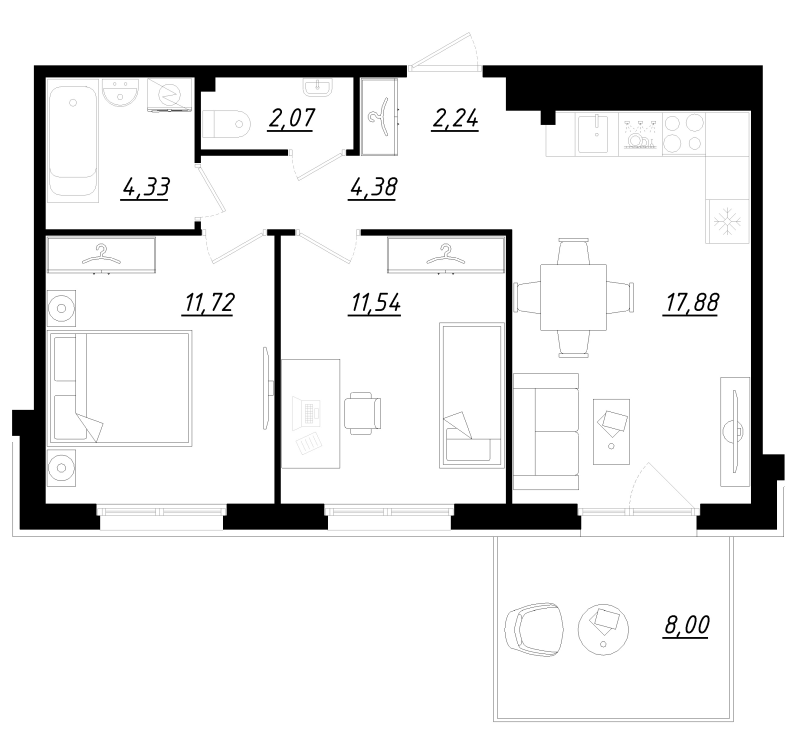 3-комнатная (Евро) квартира, 56.6 м² - планировка, фото №1