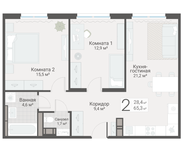 3-комнатная (Евро) квартира, 65.3 м² в ЖК "Руднева 15" - планировка, фото №1