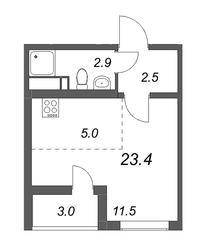 Квартира-студия, 23.4 м² в ЖК "Цветной город" - планировка, фото №1