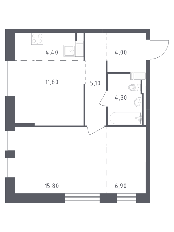 2-комнатная (Евро) квартира, 52.1 м² - планировка, фото №1