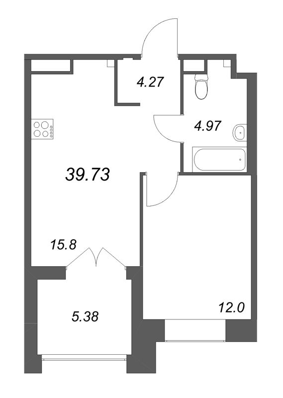 2-комнатная (Евро) квартира, 39.73 м² в ЖК "Ranta Residence" - планировка, фото №1