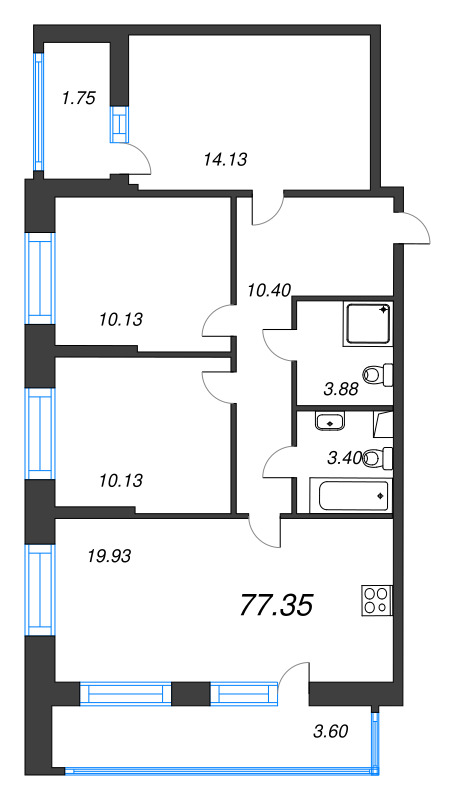 4-комнатная (Евро) квартира, 77.35 м² - планировка, фото №1