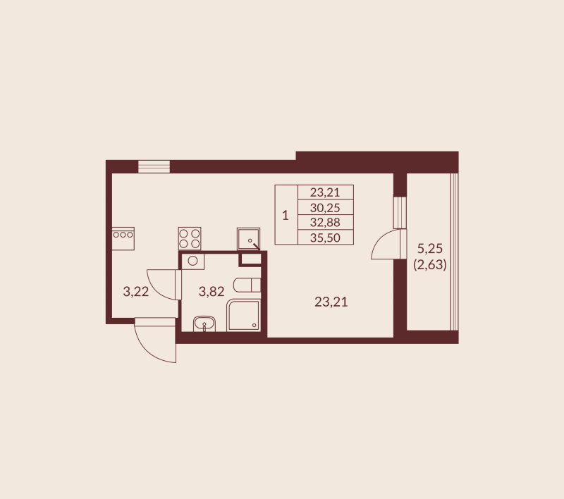 Квартира-студия, 32.88 м² в ЖК "Амурино" - планировка, фото №1