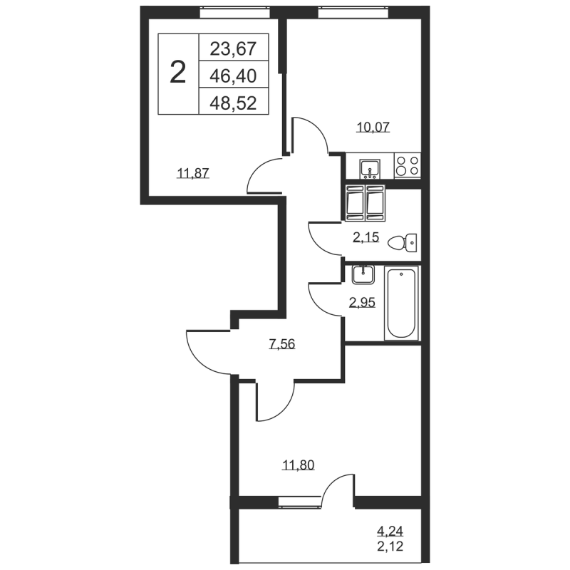 2-комнатная квартира, 48.52 м² - планировка, фото №1