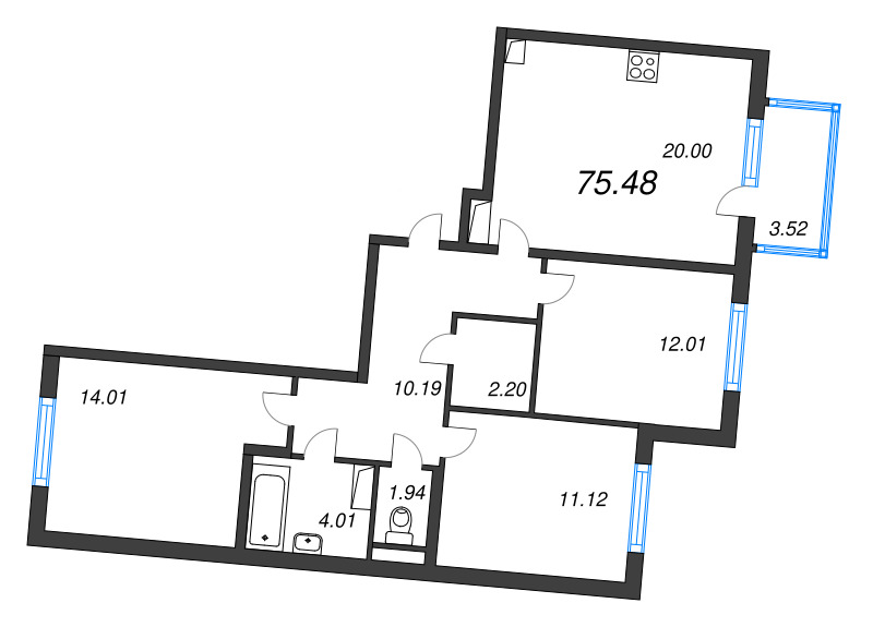 4-комнатная (Евро) квартира, 75.48 м² в ЖК "ЮгТаун" - планировка, фото №1