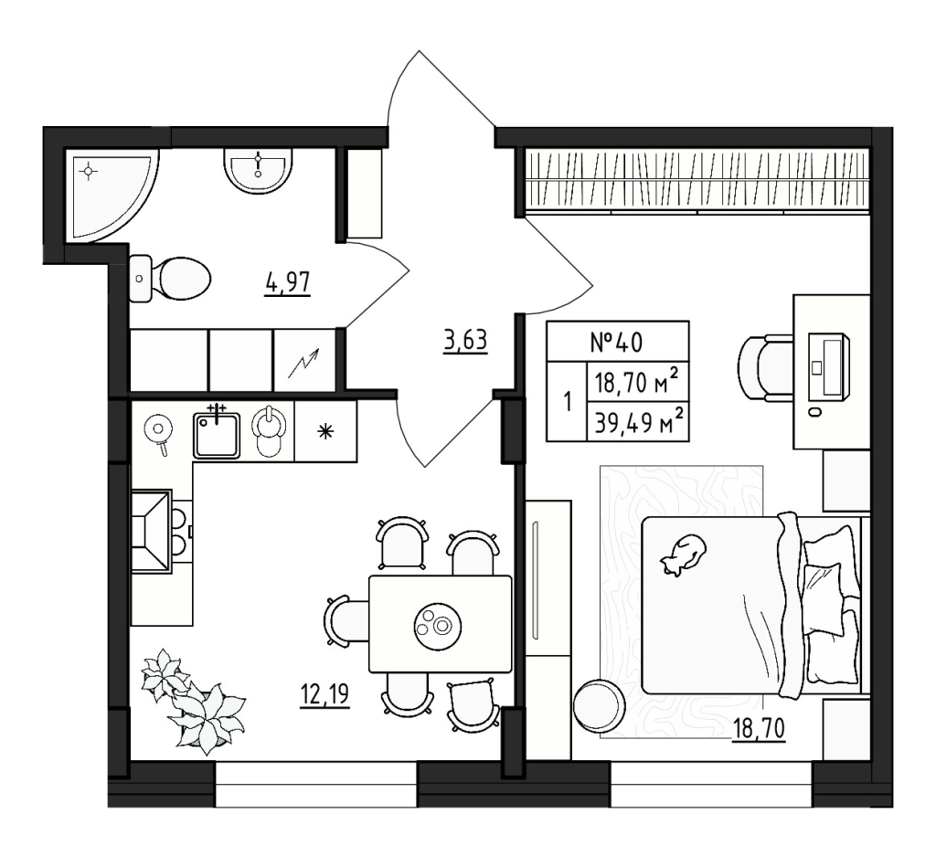 1-комнатная квартира, 39.49 м² в ЖК "Верево Сити" - планировка, фото №1