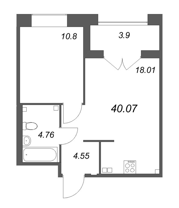 2-комнатная (Евро) квартира, 40.07 м² в ЖК "Ranta Residence" - планировка, фото №1