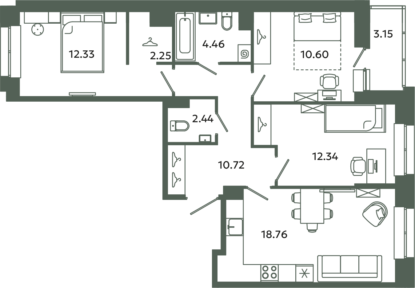 4-комнатная (Евро) квартира, 75.48 м² в ЖК "Загляденье" - планировка, фото №1