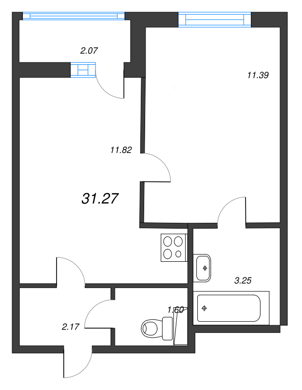 1-комнатная квартира, 31.27 м² - планировка, фото №1