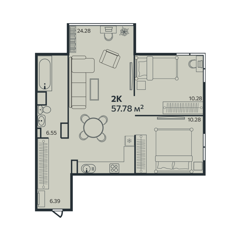 3-комнатная (Евро) квартира, 57.78 м² - планировка, фото №1