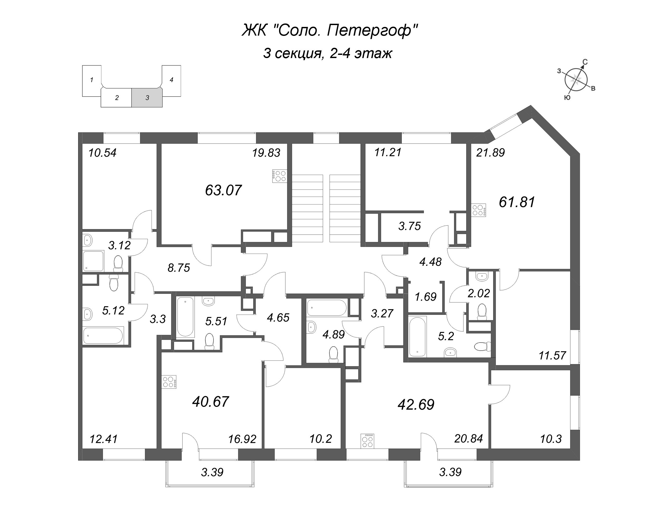 2-комнатная (Евро) квартира, 40.67 м² в ЖК "Соло. Петергоф" - планировка этажа
