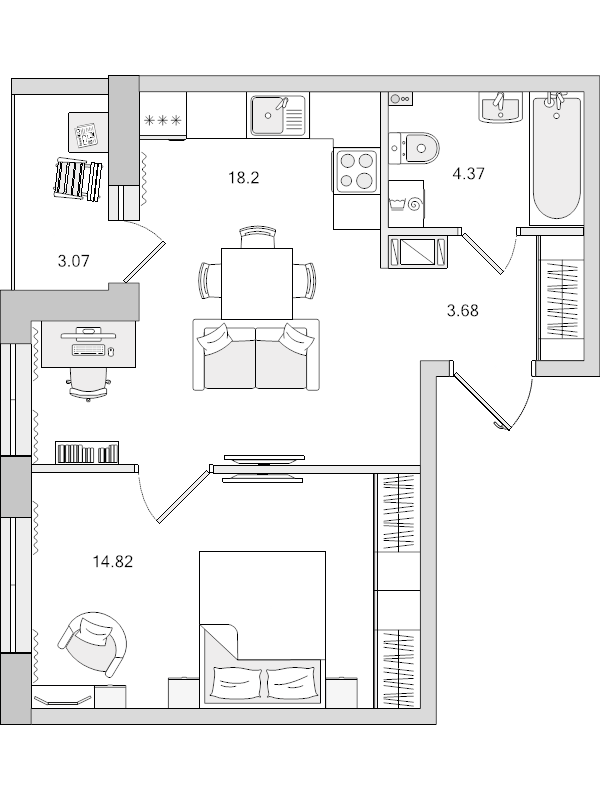 2-комнатная (Евро) квартира, 41.07 м² - планировка, фото №1