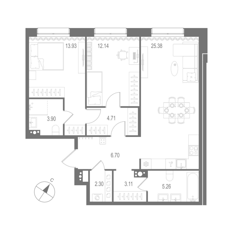 3-комнатная (Евро) квартира, 77.43 м² - планировка, фото №1