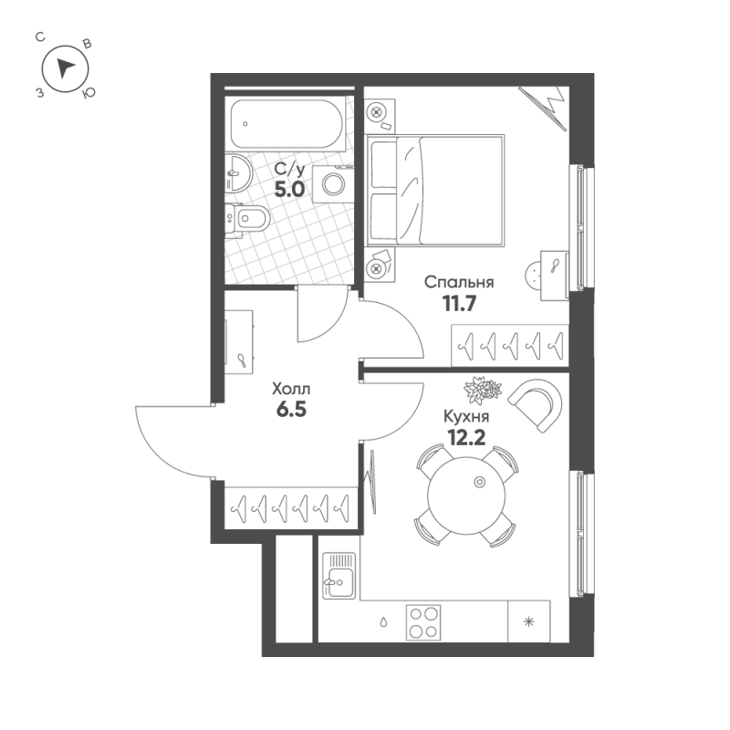 1-комнатная квартира, 35.4 м² в ЖК "Клюква.Парк" - планировка, фото №1