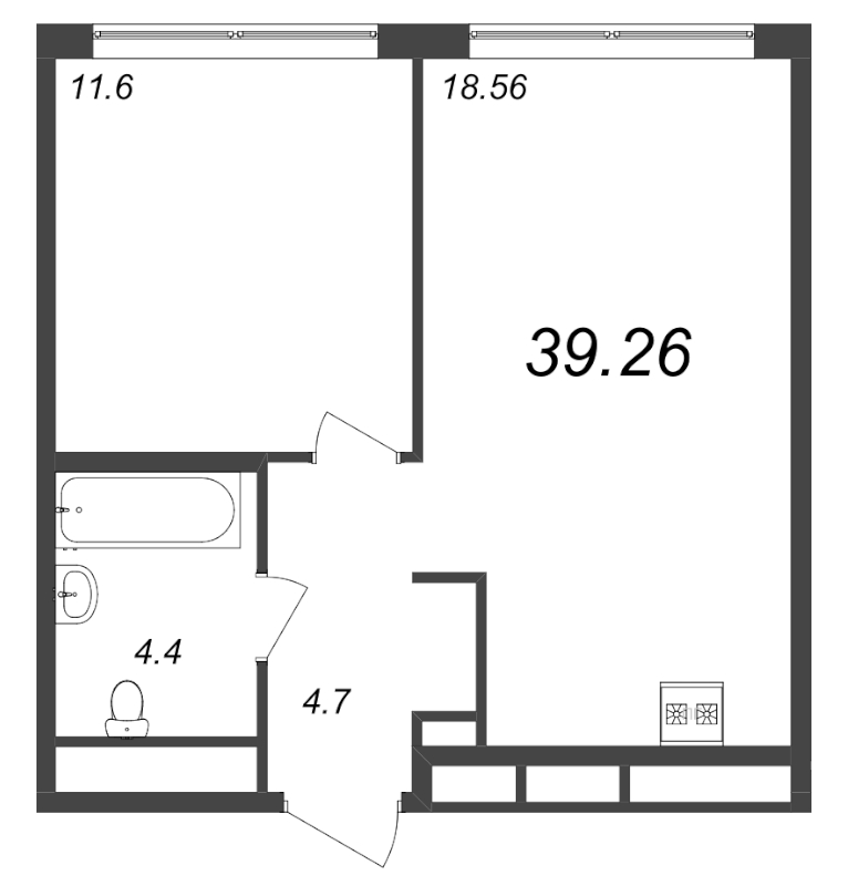 2-комнатная (Евро) квартира, 39.26 м² - планировка, фото №1