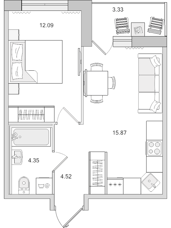 2-комнатная (Евро) квартира, 40.16 м² - планировка, фото №1