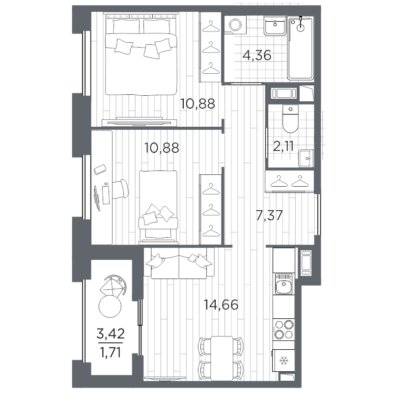 2-комнатная квартира, 51.97 м² в ЖК "Оптимист" - планировка, фото №1