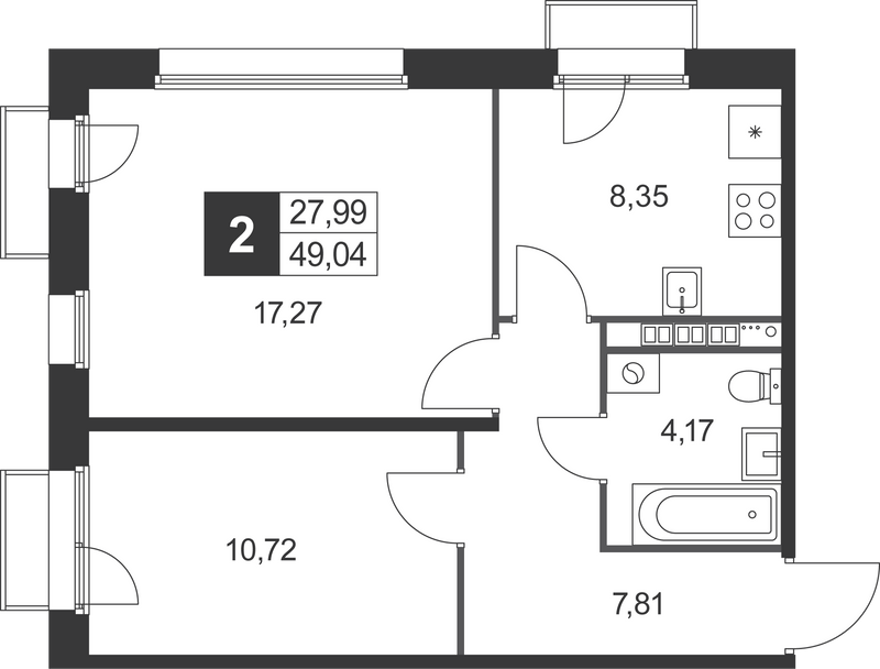 2-комнатная квартира, 49.04 м² в ЖК "Слобода" - планировка, фото №1